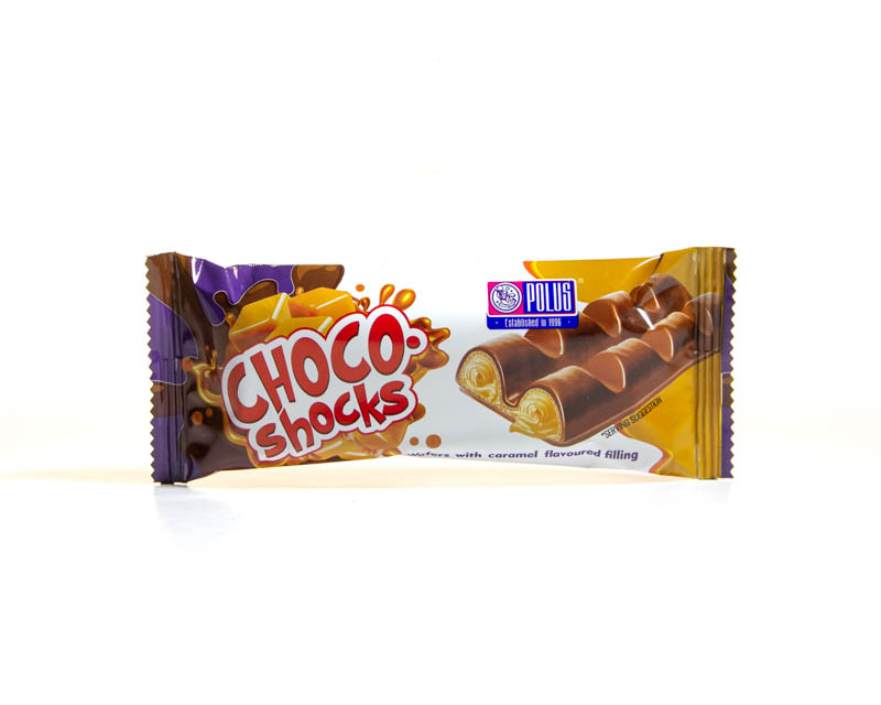 Wafers moulded glazed “Choco-Shocks” with sea salt caramel